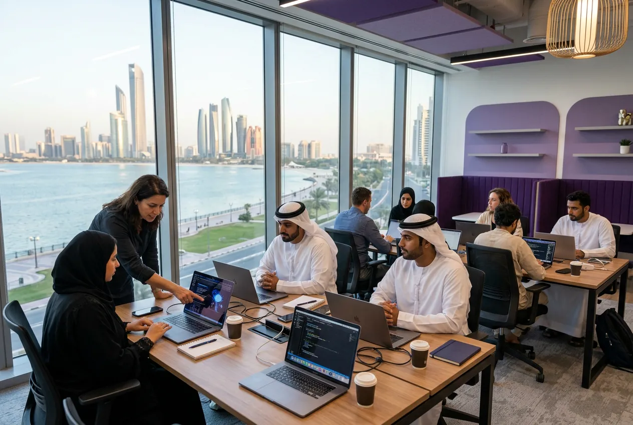 Hands on AI training workshop in an Abu Dhabi office overlooking the Corniche