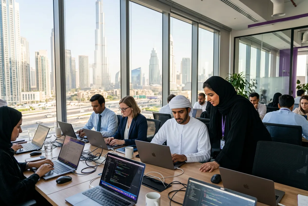 Hands on AI training workshop in a Dubai office with the Burj Khalifa in view