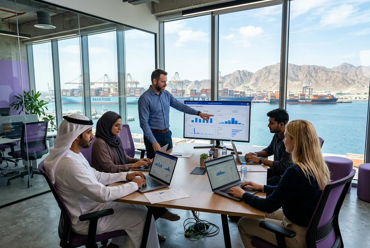 AI workshop for a Fujairah logistics team with the Gulf of Oman in view