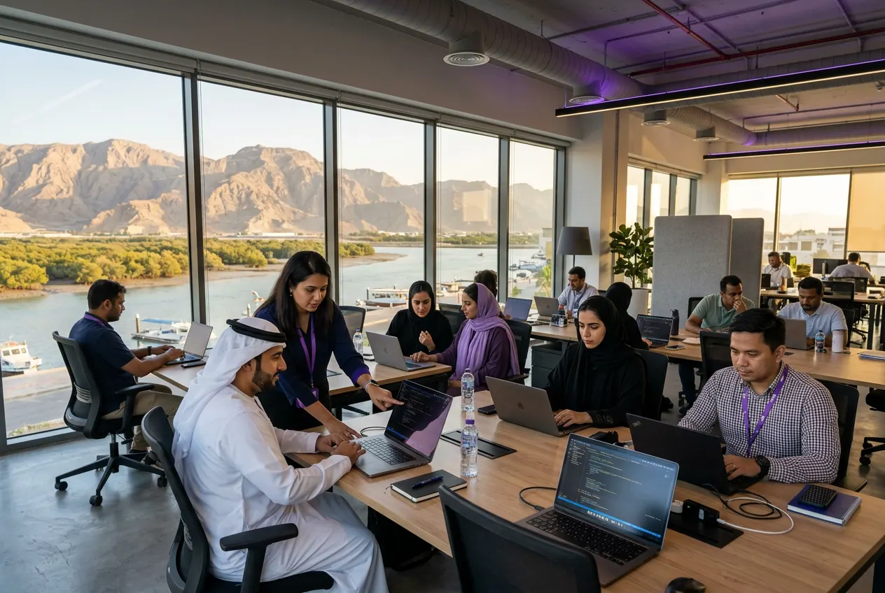 AI training session in a Ras Al Khaimah office with the Hajar mountains in view