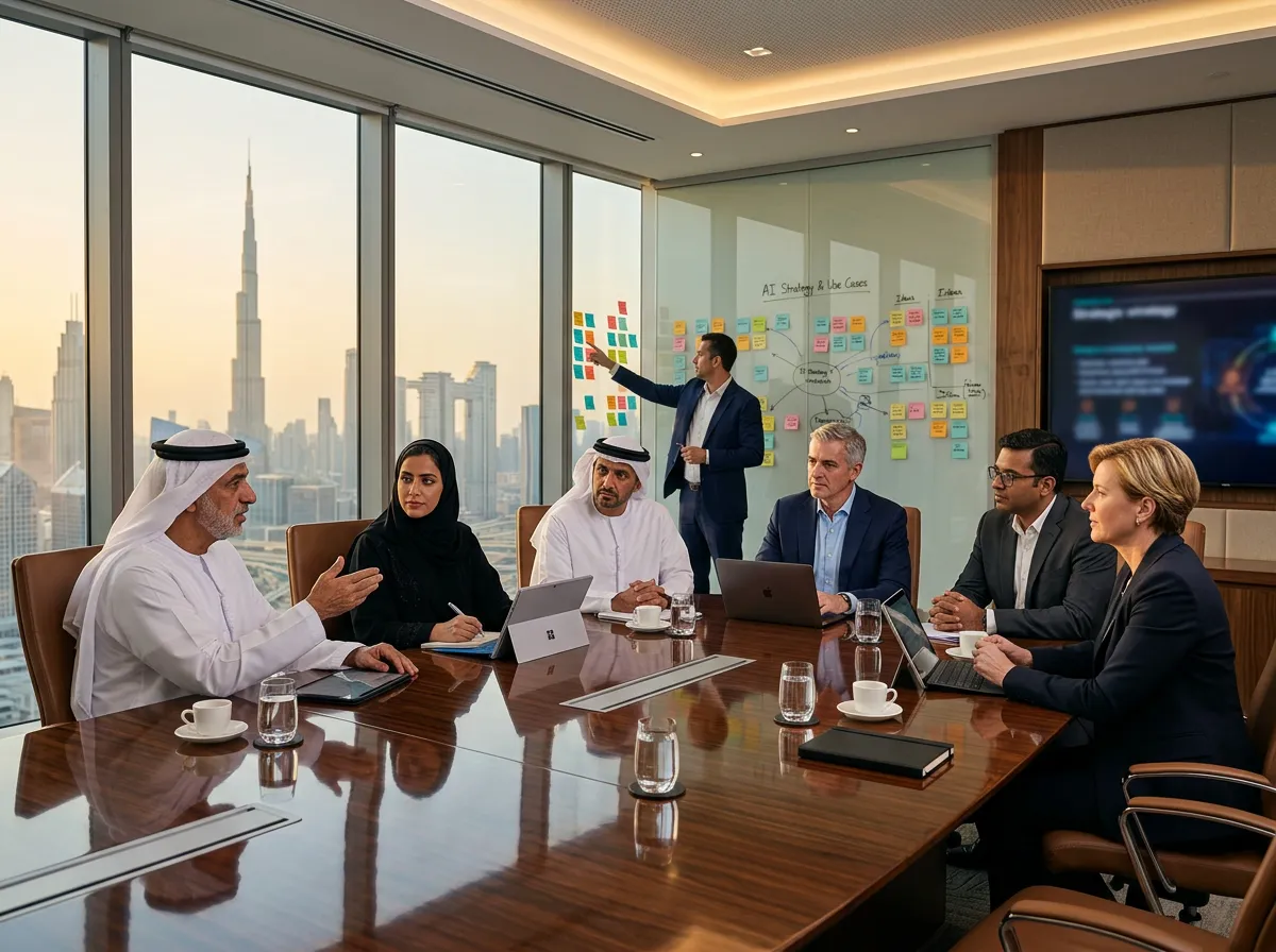 Senior leaders mapping AI use cases in a Dubai boardroom
