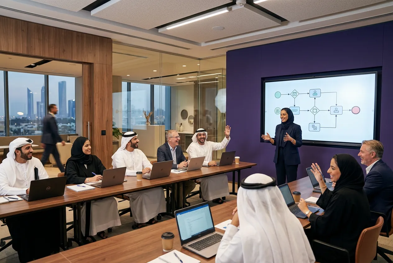 Trainer leading an engaged AI workshop for UAE professionals